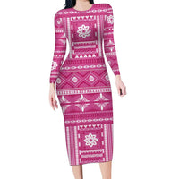 Fiji Masi All Pink Long Sleeve Bodycon Dress Tapa Pattern - Polynesian Pride