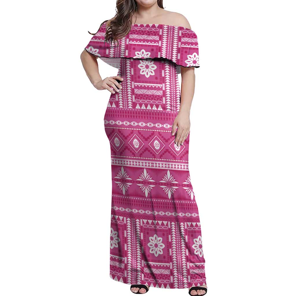Fiji Masi All Pink Off Shoulder Maxi Dress Tapa Pattern - Polynesian Pride