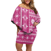 Fiji Masi All Pink Off Shoulder Short Dress Tapa Pattern - Polynesian Pride