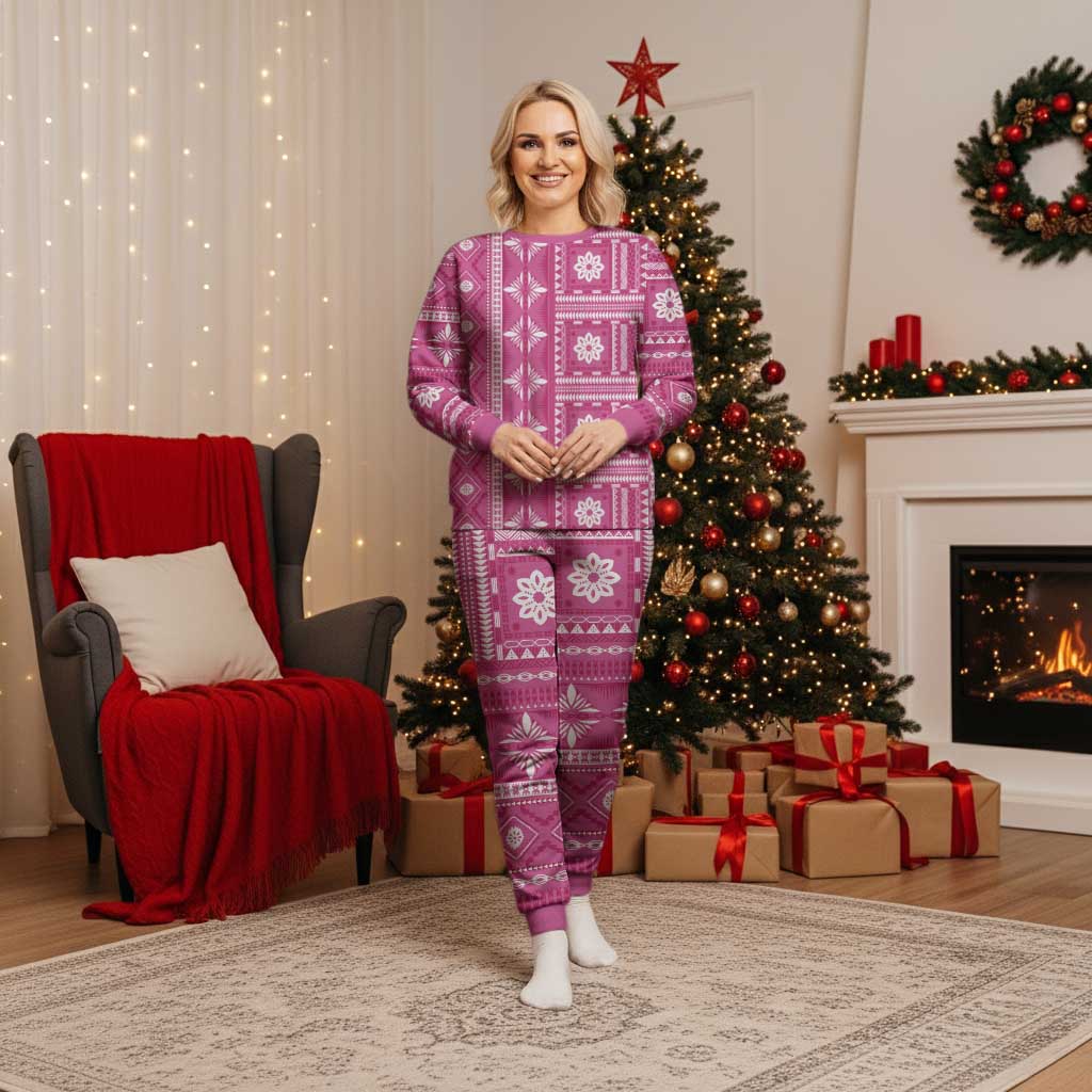 Fiji Masi All Pink Christmas Pajama Set Tapa Pattern - Polynesian Pride