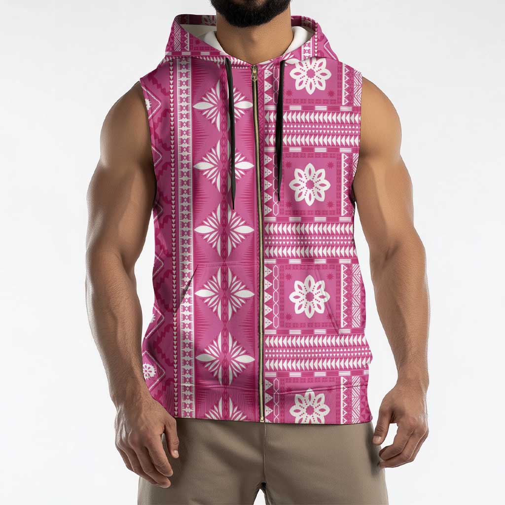 Fiji Masi All Pink Sleeveless Zip Hoodie Tapa Pattern - Polynesian Pride