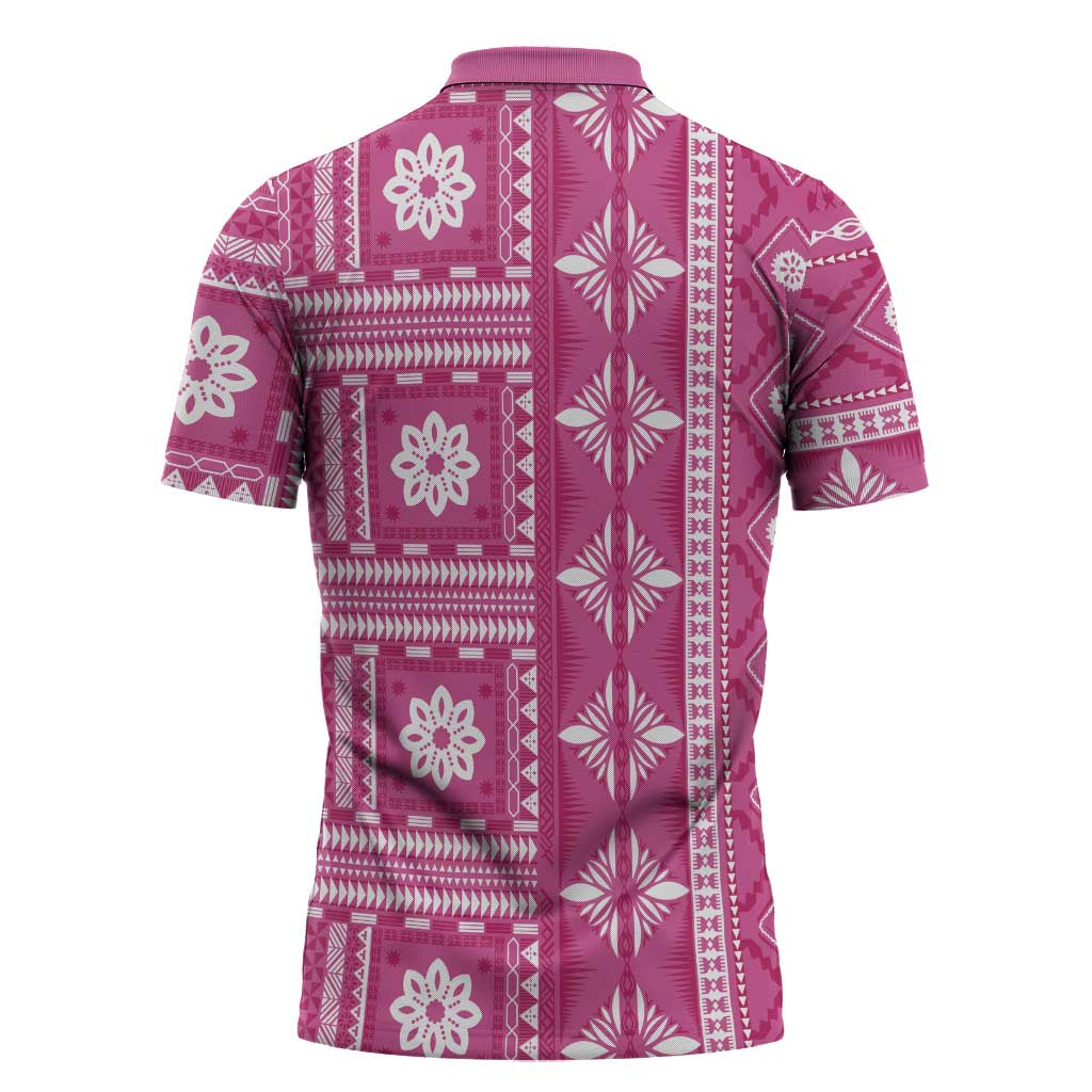 Fiji Masi All Pink Zipper Polo Shirt Tapa Pattern - Polynesian Pride