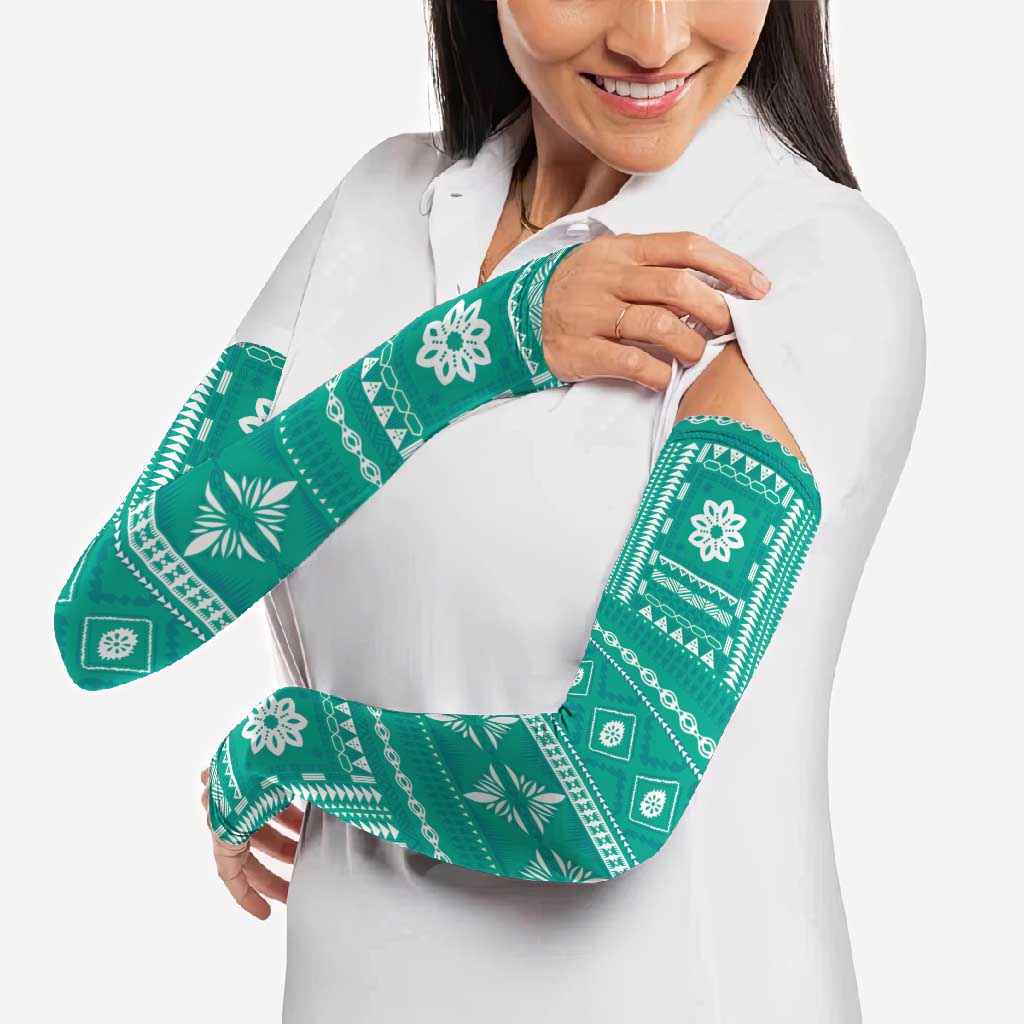 Fiji Masi All Teal Arm Sleeves Tapa Pattern - Polynesian Pride
