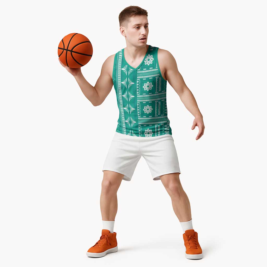 Fiji Masi All Teal Basketball Jersey Tapa Pattern - Polynesian Pride