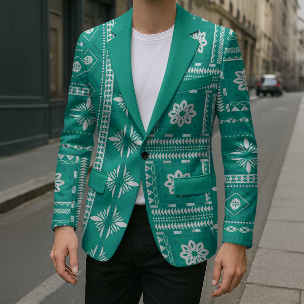 Fiji Masi All Teal Blazer Tapa Pattern - Polynesian Pride
