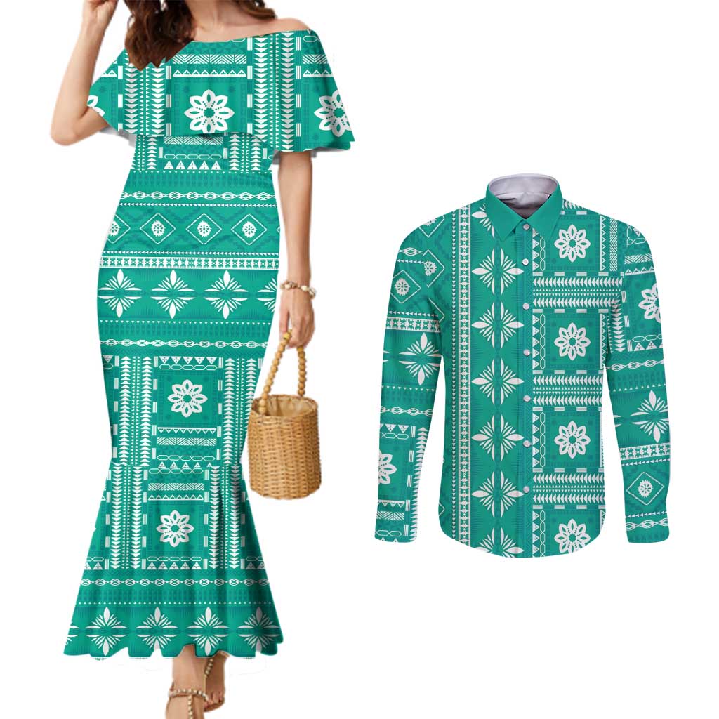 Fiji Masi All Teal Couples Matching Mermaid Dress and Long Sleeve Button Shirt Tapa Pattern - Polynesian Pride