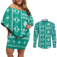 Fiji Masi All Teal Couples Matching Off Shoulder Short Dress and Long Sleeve Button Shirt Tapa Pattern - Polynesian Pride