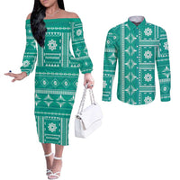 Fiji Masi All Teal Couples Matching Off The Shoulder Long Sleeve Dress and Long Sleeve Button Shirt Tapa Pattern - Polynesian Pride