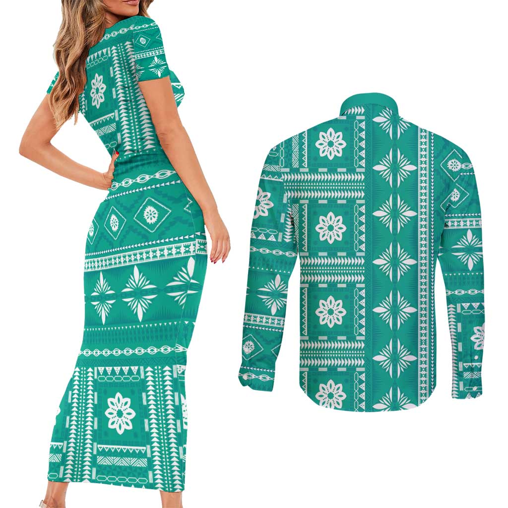 Fiji Masi All Teal Couples Matching Short Sleeve Bodycon Dress and Long Sleeve Button Shirt Tapa Pattern - Polynesian Pride