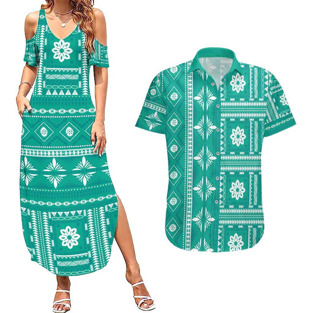 Fiji Masi All Teal Couples Matching Summer Maxi Dress and Hawaiian Shirt Tapa Pattern - Polynesian Pride
