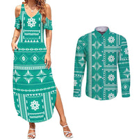 Fiji Masi All Teal Couples Matching Summer Maxi Dress and Long Sleeve Button Shirt Tapa Pattern - Polynesian Pride