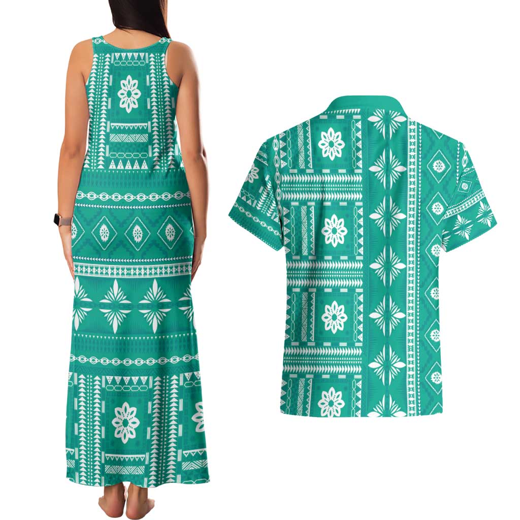 Fiji Masi All Teal Couples Matching Tank Maxi Dress and Hawaiian Shirt Tapa Pattern - Polynesian Pride