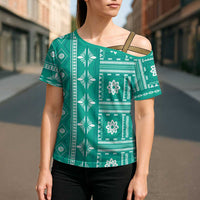 Fiji Masi All Teal Cross Shoulder Shirt Tapa Pattern - Polynesian Pride