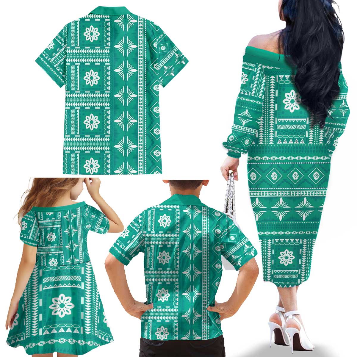 Fiji Masi All Teal Family Matching Off The Shoulder Long Sleeve Dress and Hawaiian Shirt Tapa Pattern - Polynesian Pride