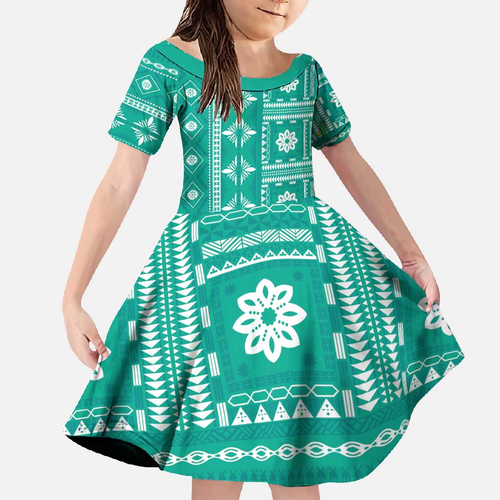Fiji Masi All Teal Family Matching Off Shoulder Maxi Dress and Hawaiian Shirt Tapa Pattern - Polynesian Pride
