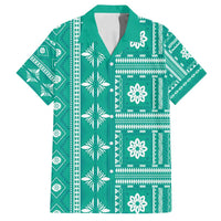 Fiji Masi All Teal Family Matching Off Shoulder Short Dress and Hawaiian Shirt Tapa Pattern - Polynesian Pride