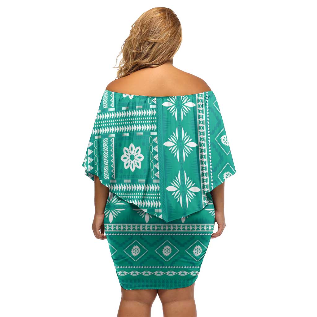 Fiji Masi All Teal Family Matching Off Shoulder Short Dress and Hawaiian Shirt Tapa Pattern - Polynesian Pride