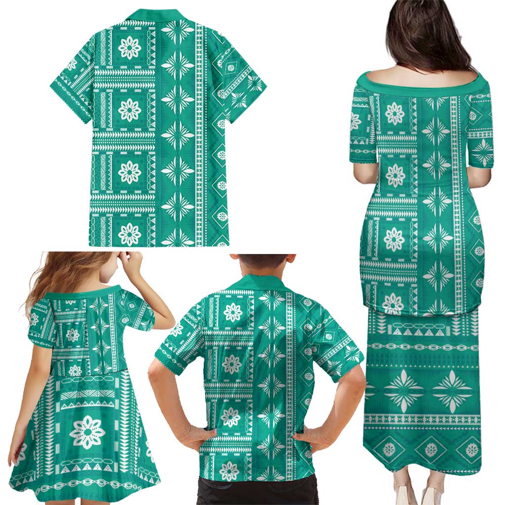 Fiji Masi All Teal Family Matching Puletasi and Hawaiian Shirt Tapa Pattern - Polynesian Pride