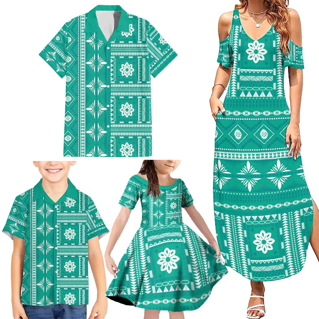 Fiji Masi All Teal Family Matching Summer Maxi Dress and Hawaiian Shirt Tapa Pattern - Polynesian Pride