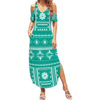 Fiji Masi All Teal Family Matching Summer Maxi Dress and Hawaiian Shirt Tapa Pattern - Polynesian Pride
