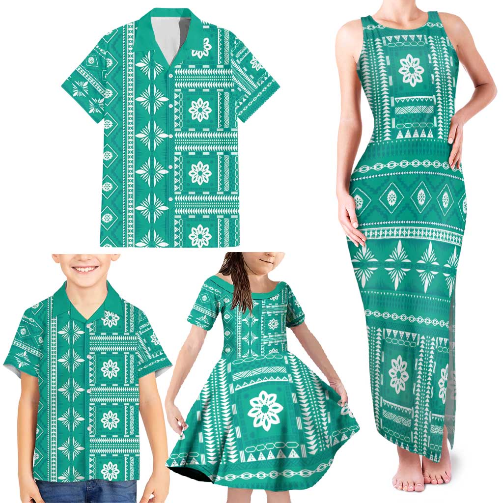 Fiji Masi All Teal Family Matching Tank Maxi Dress and Hawaiian Shirt Tapa Pattern - Polynesian Pride