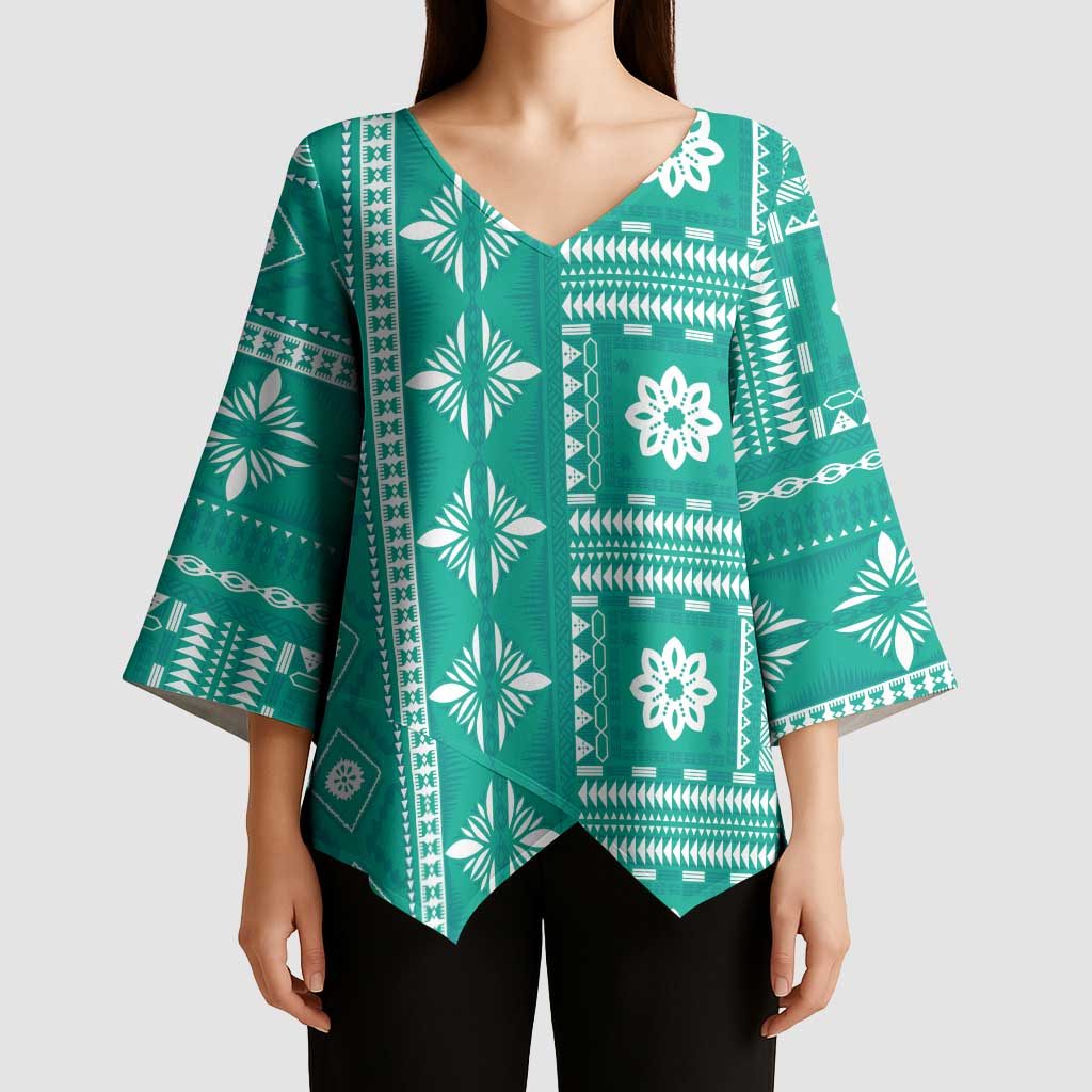 Fiji Masi All Teal Kimono Sleeve Blouse Tapa Pattern - Polynesian Pride
