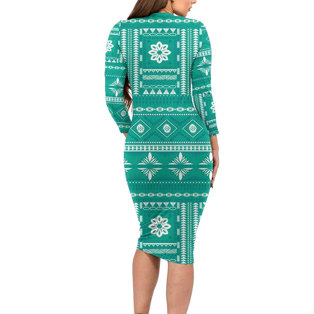 Fiji Masi All Teal Long Sleeve Bodycon Dress Tapa Pattern - Polynesian Pride