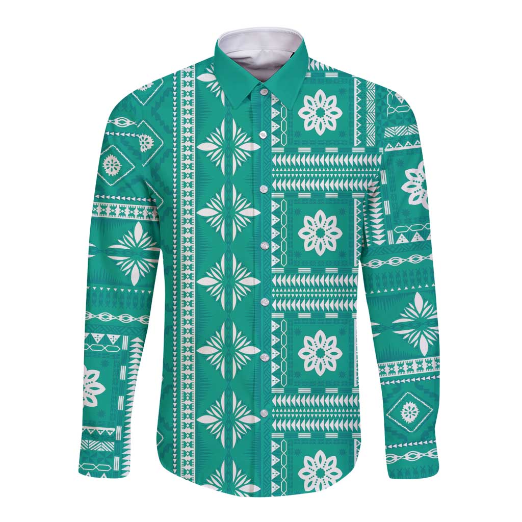 Fiji Masi All Teal Long Sleeve Button Shirt Tapa Pattern - Polynesian Pride