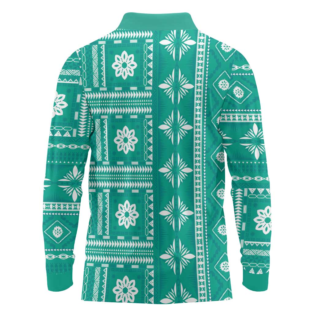 Fiji Masi All Teal Long Sleeve Polo Shirt Tapa Pattern - Polynesian Pride