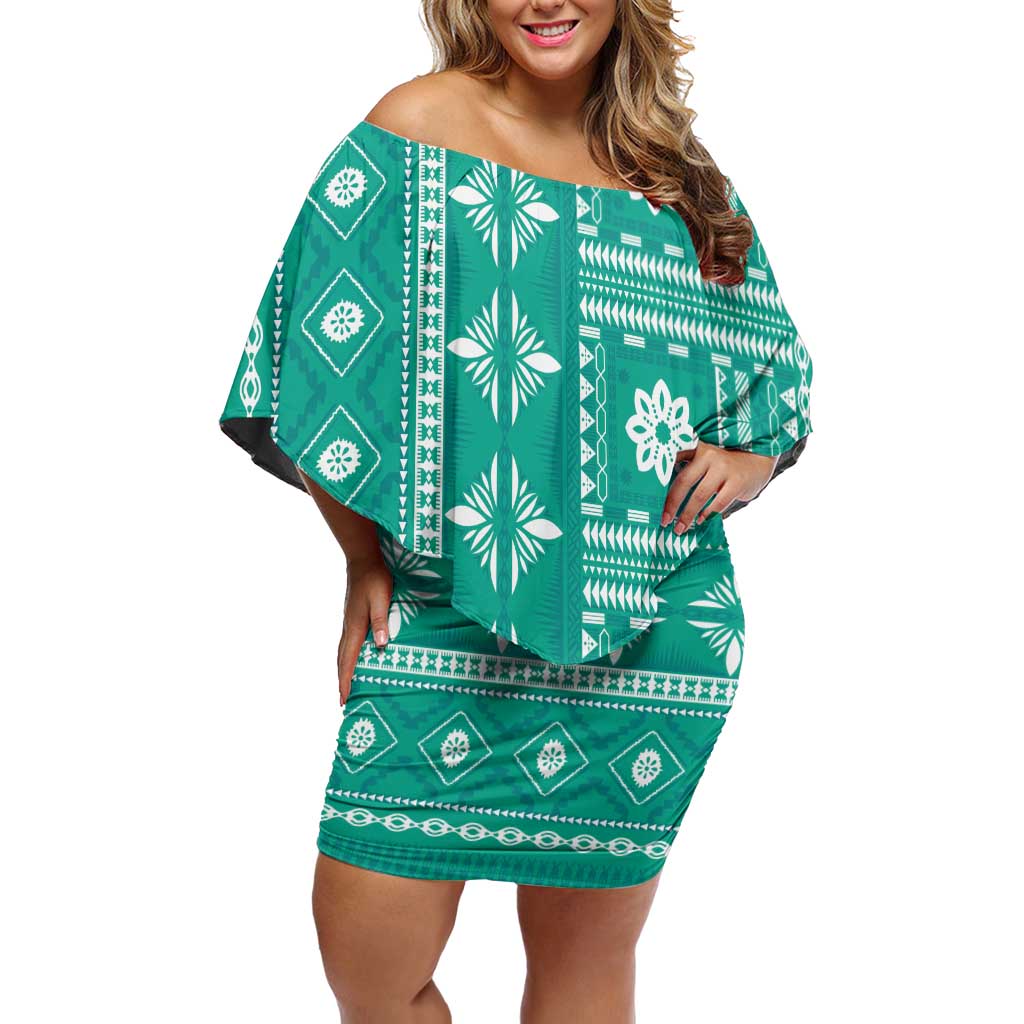 Fiji Masi All Teal Off Shoulder Short Dress Tapa Pattern - Polynesian Pride
