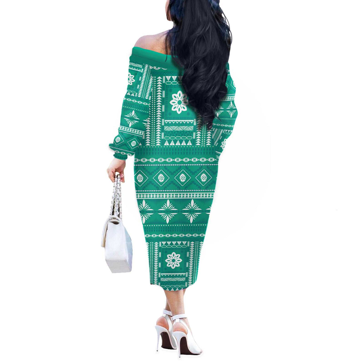 Fiji Masi All Teal Off The Shoulder Long Sleeve Dress Tapa Pattern - Polynesian Pride
