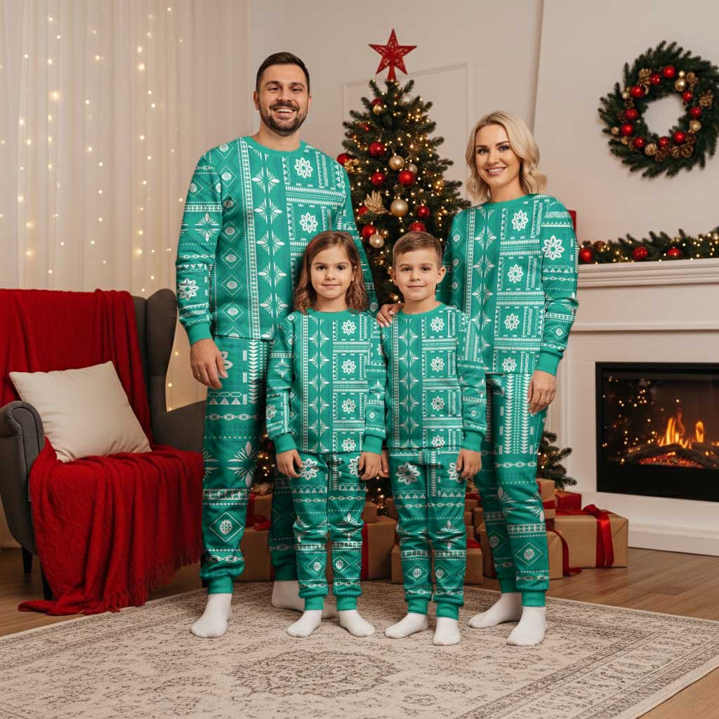 Fiji Masi All Teal Christmas Pajama Set Tapa Pattern - Polynesian Pride