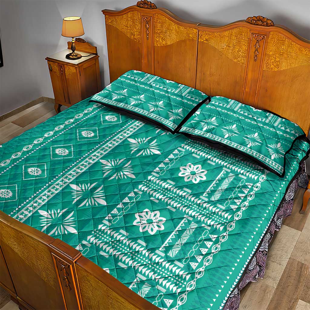 Fiji Masi All Teal Quilt Bed Set Tapa Pattern - Polynesian Pride