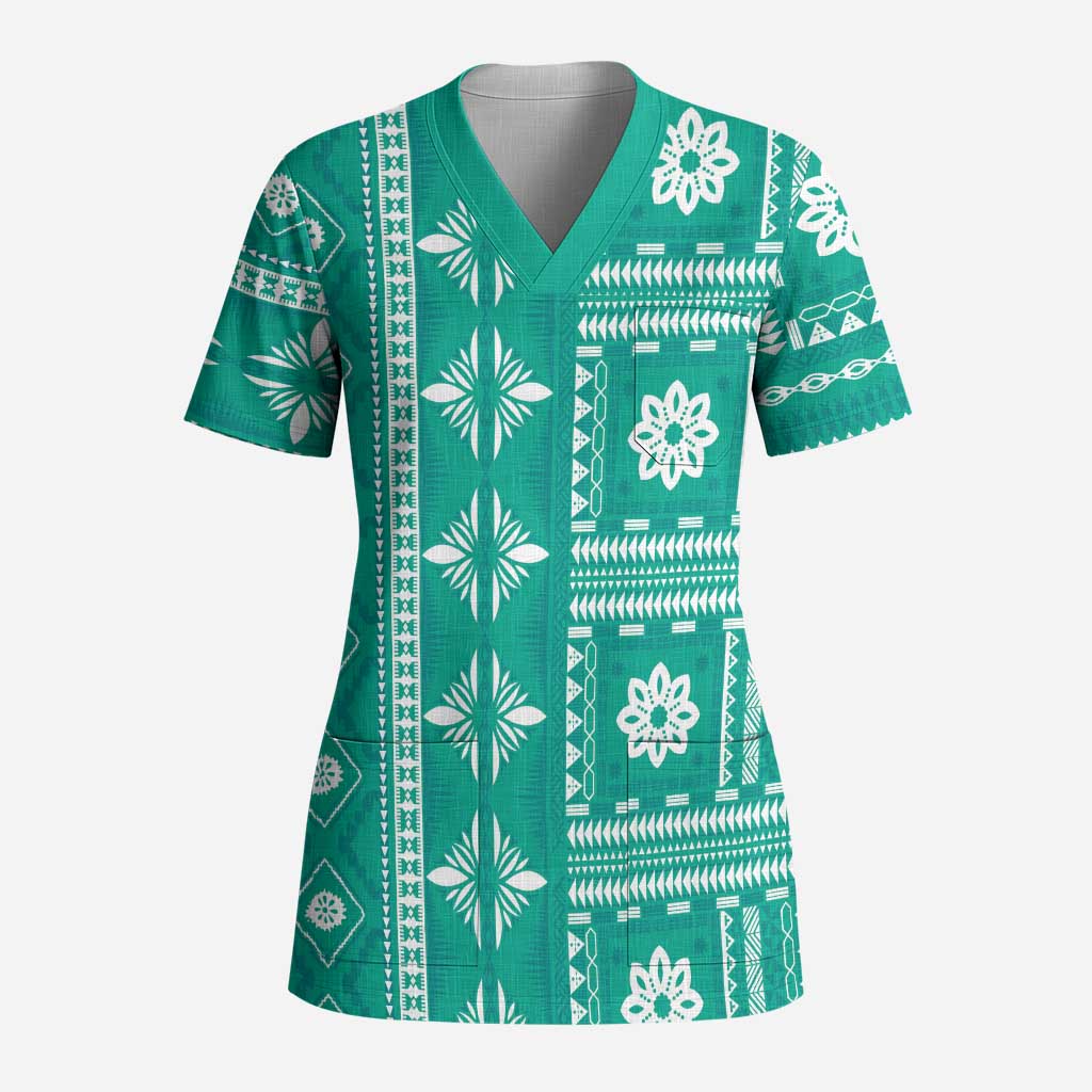 Fiji Masi All Teal Scrub Top Tapa Pattern - Polynesian Pride