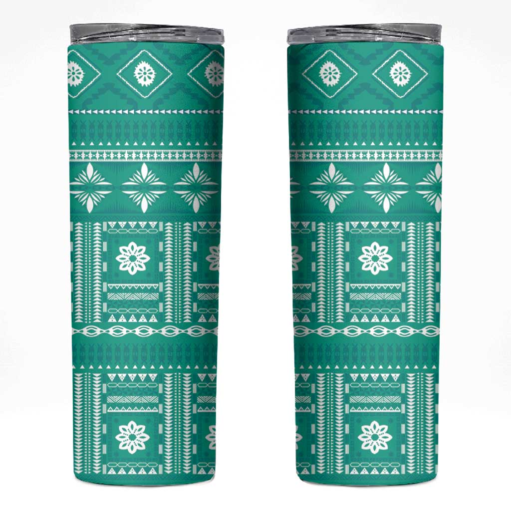 Fiji Masi All Teal Skinny Tumbler Tapa Pattern - Polynesian Pride