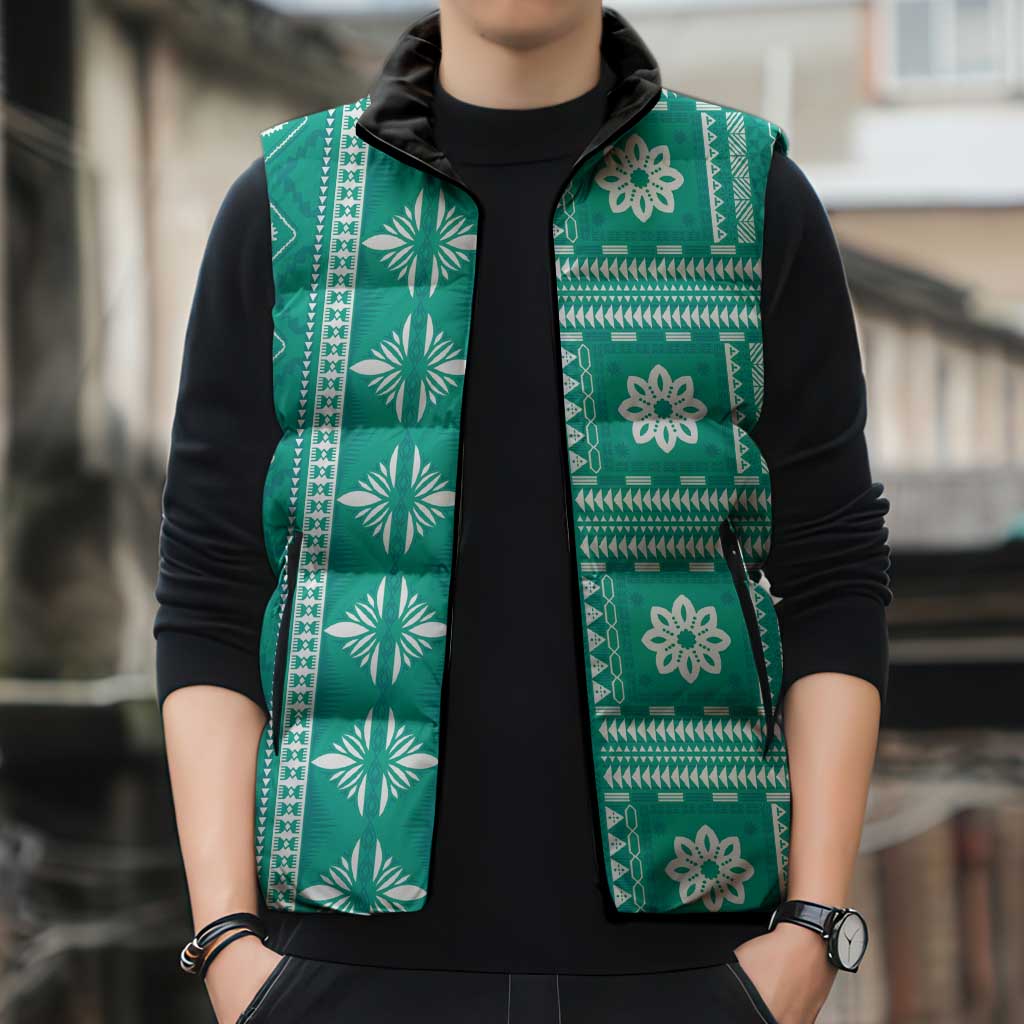 Fiji Masi All Teal Sleeveless Puffer Jacket Tapa Pattern - Polynesian Pride