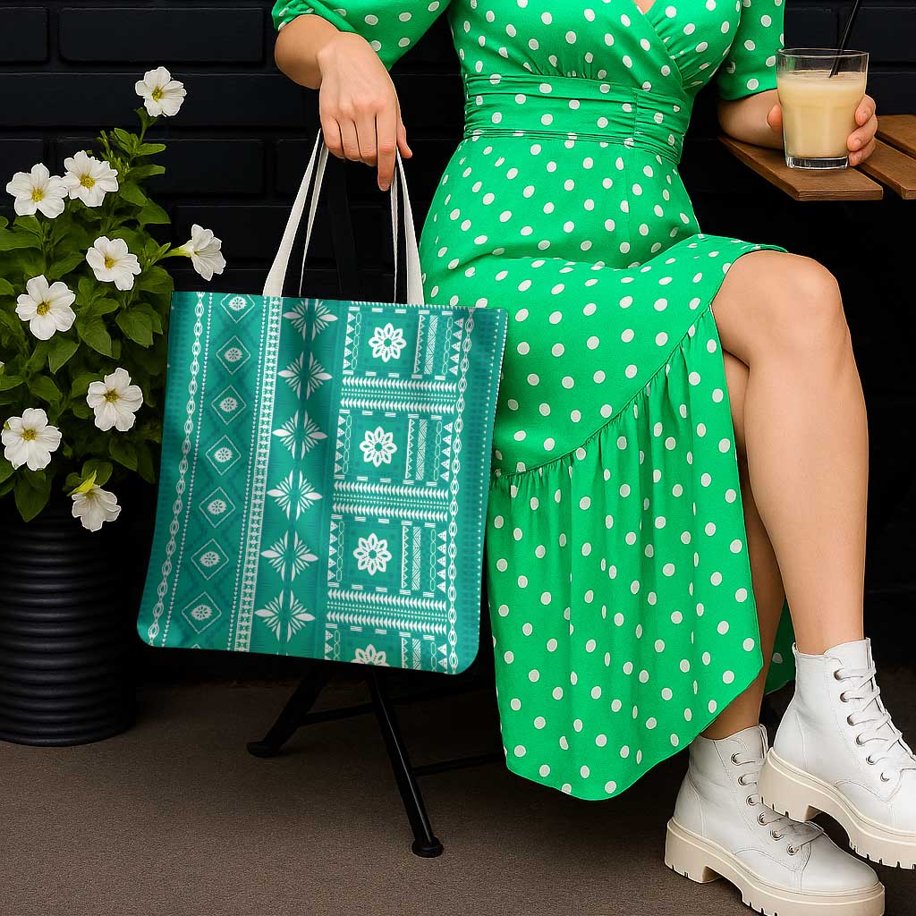 Fiji Masi All Teal Tote Bag Tapa Pattern - Polynesian Pride