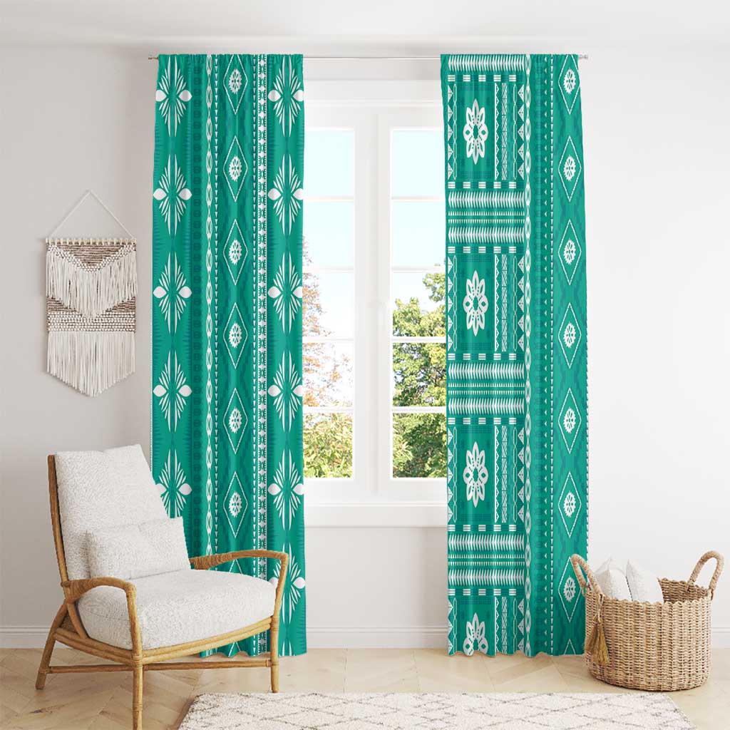 Fiji Masi All Teal Window Curtain Tapa Pattern - Polynesian Pride