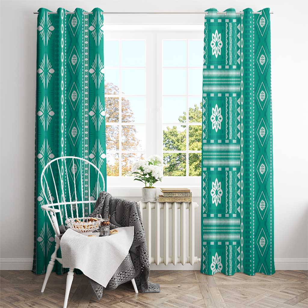 Fiji Masi All Teal Window Curtain Tapa Pattern - Polynesian Pride