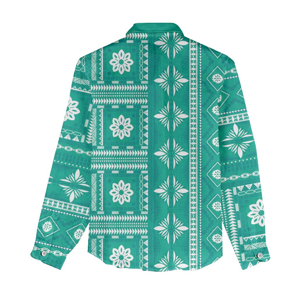 Fiji Masi All Teal Women Casual Shirt Tapa Pattern - Polynesian Pride