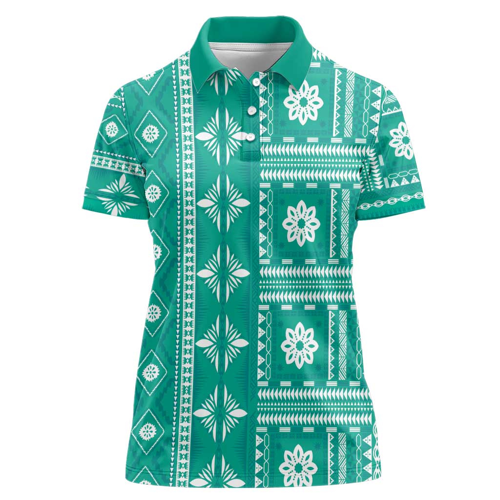 Fiji Masi All Teal Women Polo Shirt Tapa Pattern - Polynesian Pride