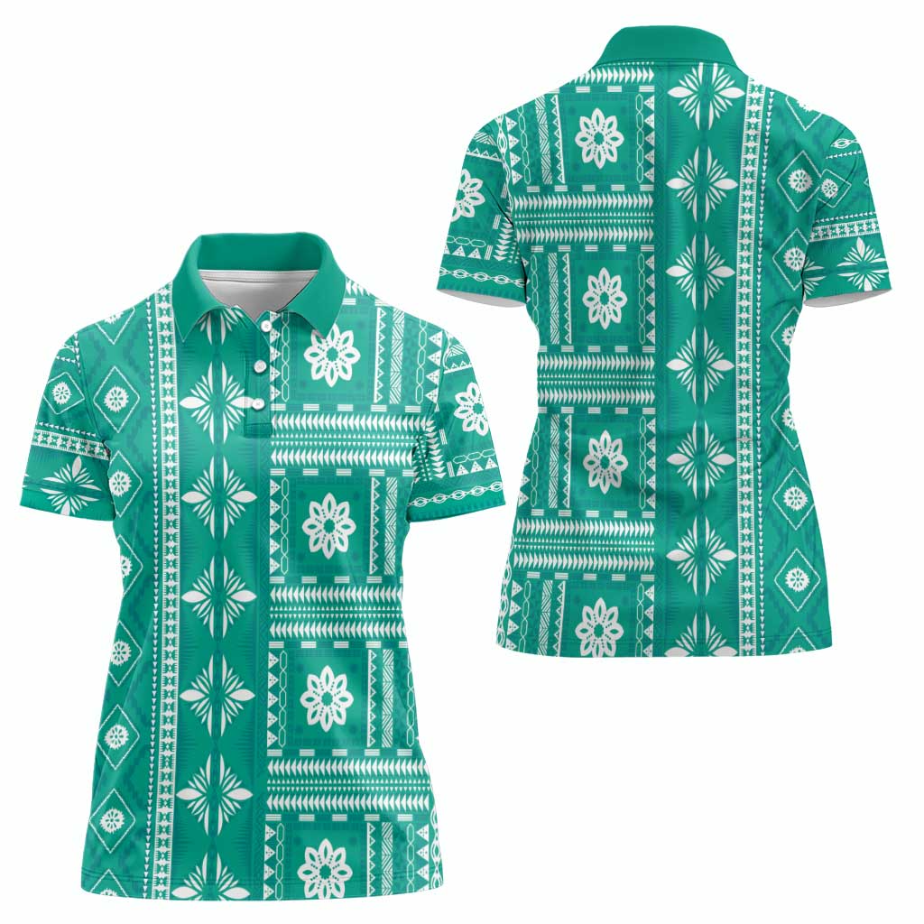 Fiji Masi All Teal Women Polo Shirt Tapa Pattern - Polynesian Pride