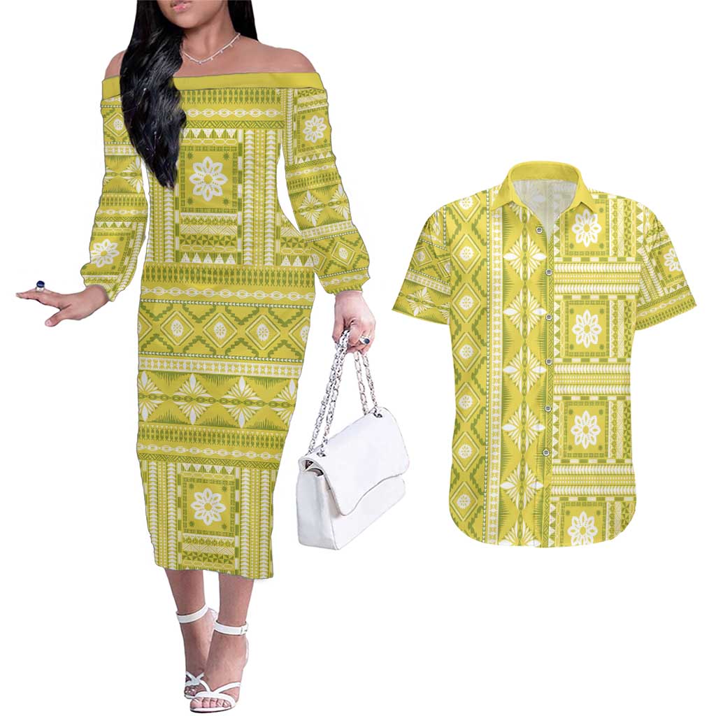 Fiji Masi All Yellow Couples Matching Off The Shoulder Long Sleeve Dress and Hawaiian Shirt Tapa Pattern - Polynesian Pride