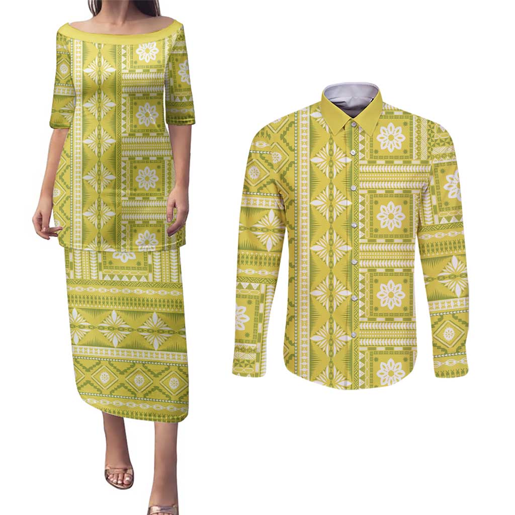 Fiji Masi All Yellow Couples Matching Puletasi and Long Sleeve Button Shirt Tapa Pattern - Polynesian Pride