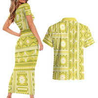 Fiji Masi All Yellow Couples Matching Short Sleeve Bodycon Dress and Hawaiian Shirt Tapa Pattern - Polynesian Pride