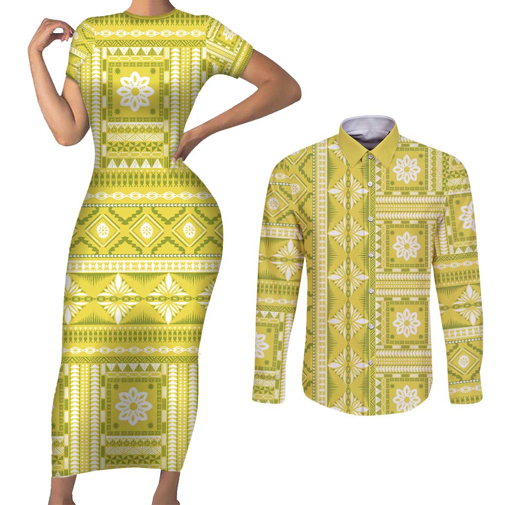 Fiji Masi All Yellow Couples Matching Short Sleeve Bodycon Dress and Long Sleeve Button Shirt Tapa Pattern - Polynesian Pride