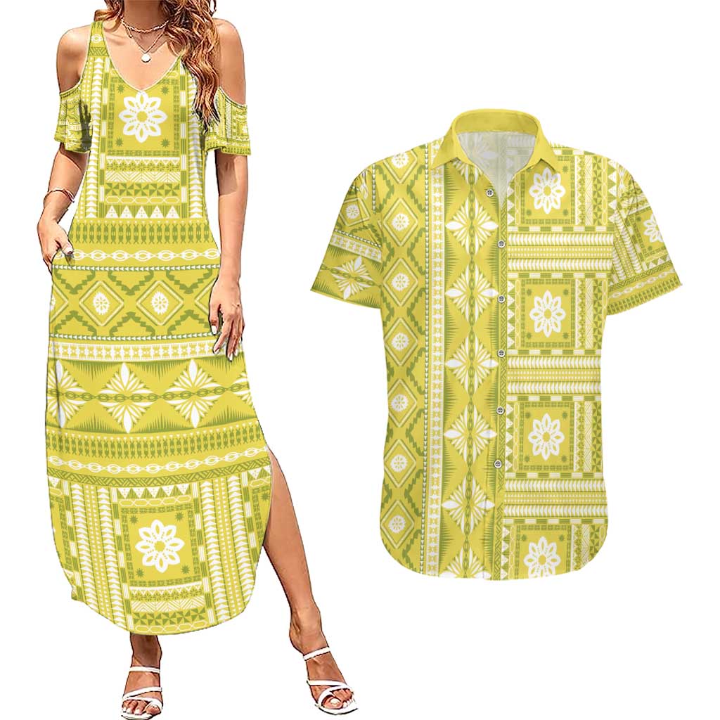 Fiji Masi All Yellow Couples Matching Summer Maxi Dress and Hawaiian Shirt Tapa Pattern - Polynesian Pride