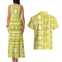 Fiji Masi All Yellow Couples Matching Tank Maxi Dress and Hawaiian Shirt Tapa Pattern - Polynesian Pride