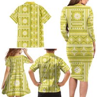 Fiji Masi All Yellow Family Matching Long Sleeve Bodycon Dress and Hawaiian Shirt Tapa Pattern - Polynesian Pride