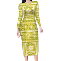 Fiji Masi All Yellow Family Matching Long Sleeve Bodycon Dress and Hawaiian Shirt Tapa Pattern - Polynesian Pride